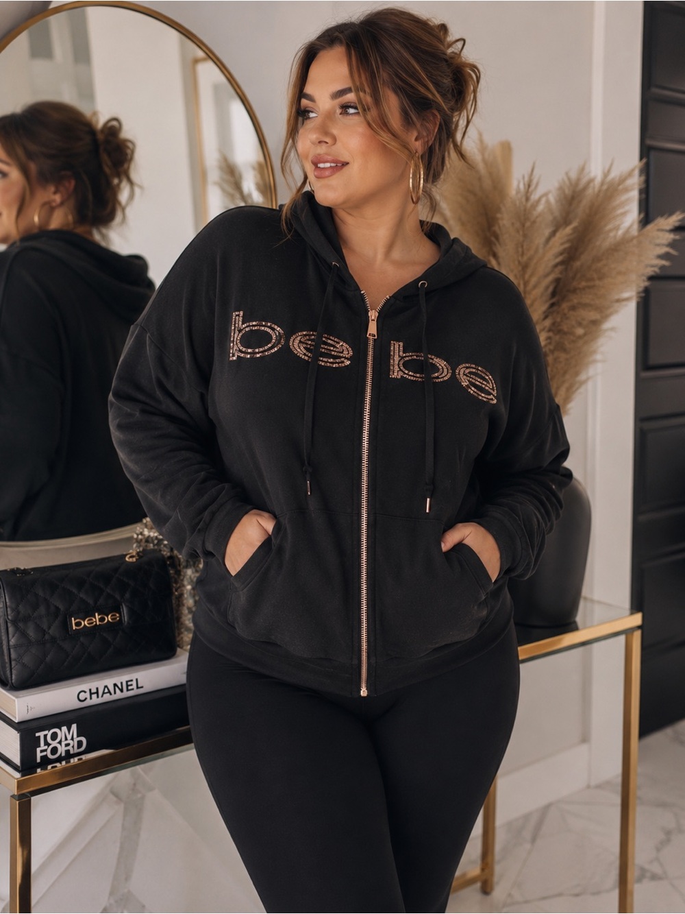 bebe Black Rose Gold Sequin Zip Hoodie NWT Oversized